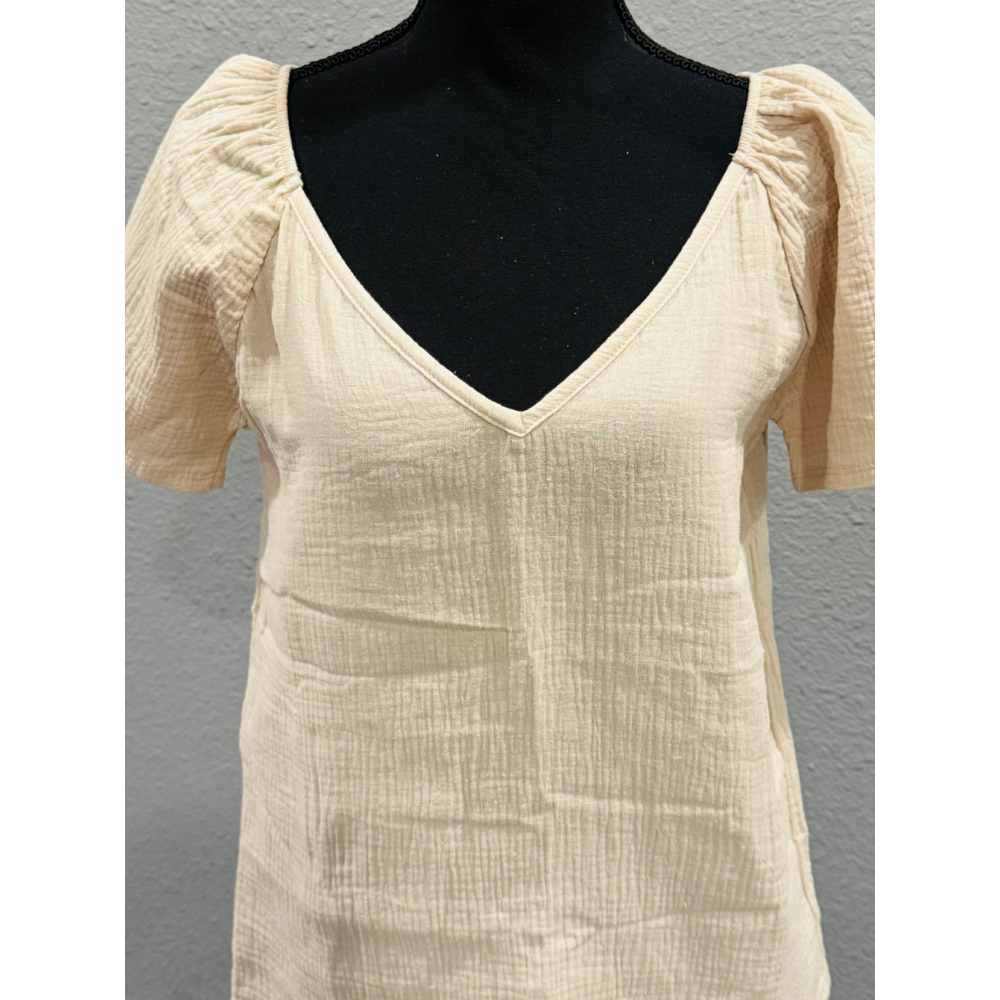 Casual Puff-Sleeve Textured V-Neck Top, Size M, Beige - Picture 2 of 6